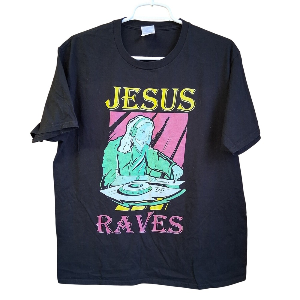 Jesus Raves Graphic Tee SS Black Large EUC